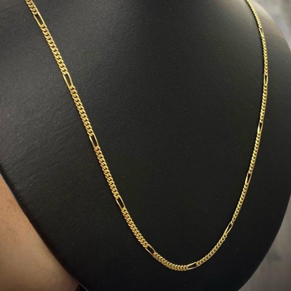 18K Yellow Solid Gold Figaro Cuban Curb Chain 26" Inches for Mens Cadena De Oro - Picture 1 of 4